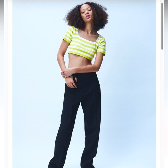 Zara Tops - NWT Zara SMALL cropped square-neck green white stripes sweater